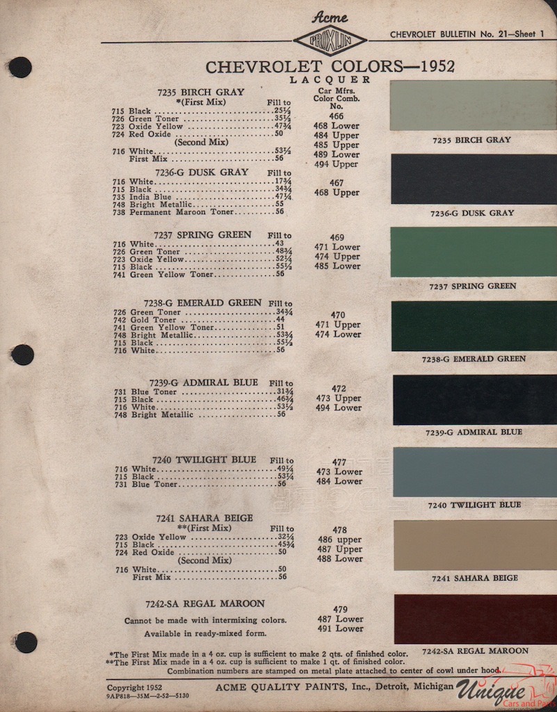 1952 Chev Paint Charts Acme 1
